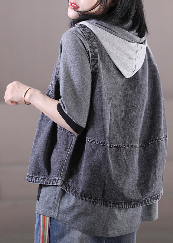 Patchward gris lâche Patchwork DrawString Button Honed Denim Waistcoat sans manches