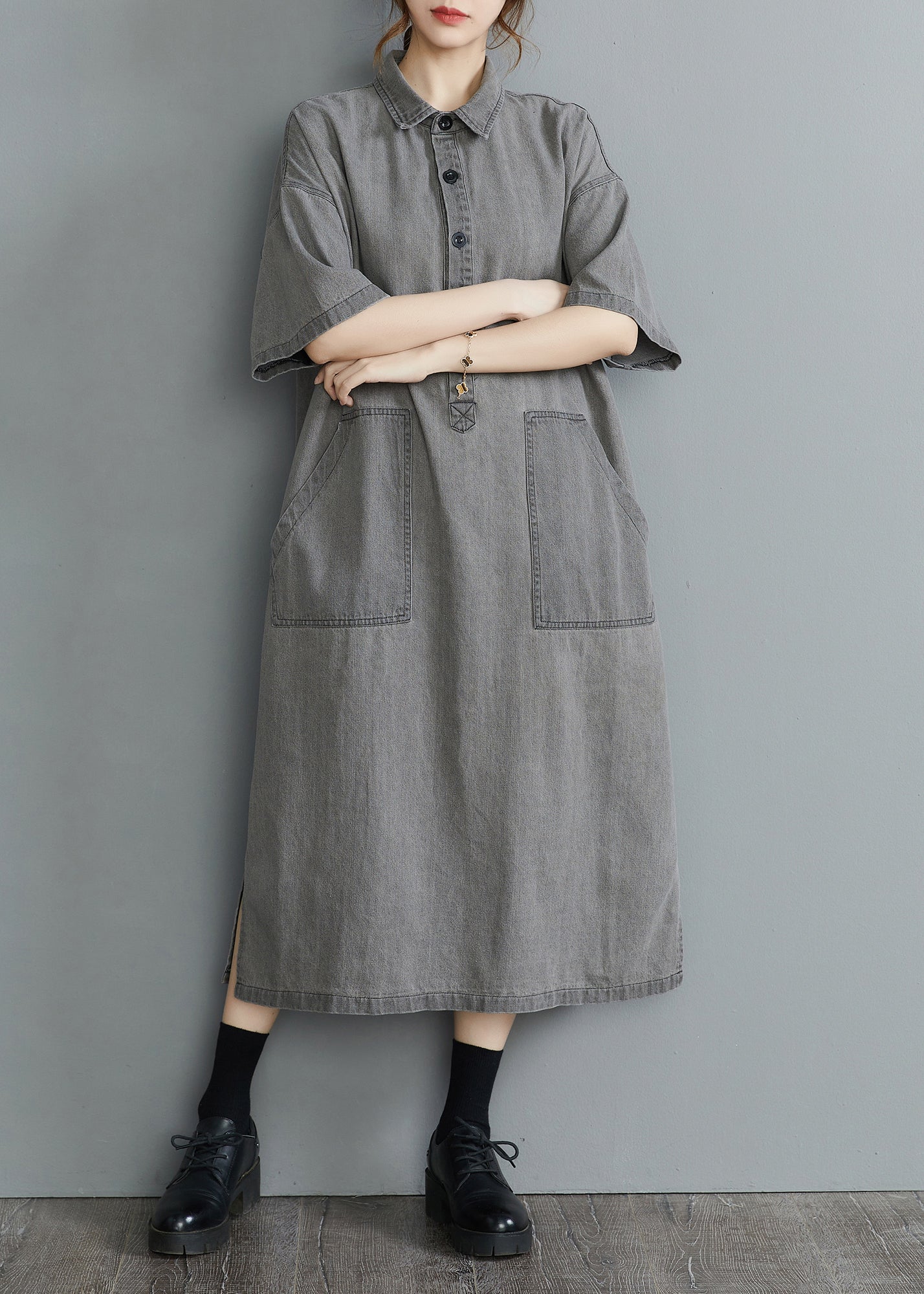 Loose Grey Peter Pan Collar Button side open Pockets Denim Dresses Short Sleeve