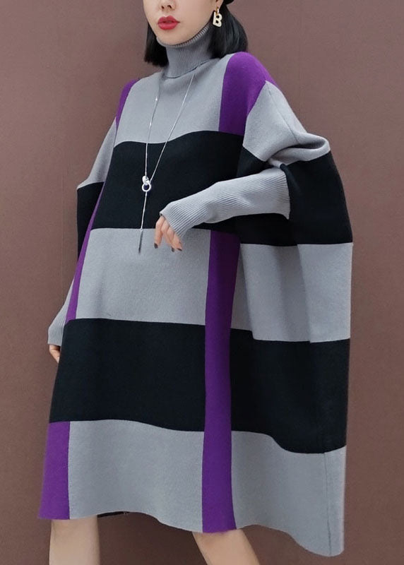 Robe en tricot à rayures noires gris lâche manches longues