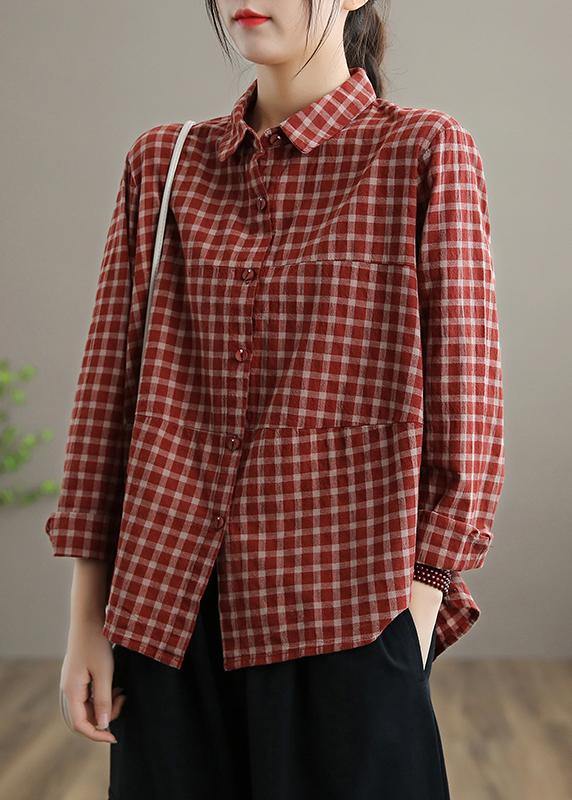 Loose Lapel Patchwork Spring Blouse Sleeve Red Plaid Top - SooLinen