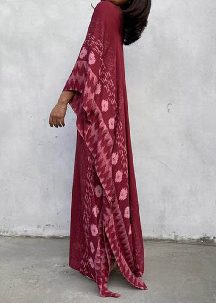 Loose Mulberry Print Long Beach Dress Batwing Sleeve