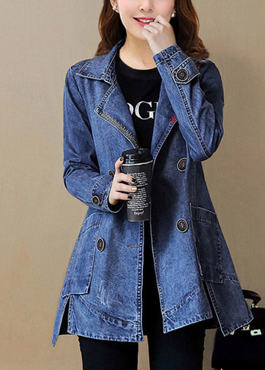 Side de patchwork encoche en lâche Navy Open Bouton Open Long Denim Coats Spring