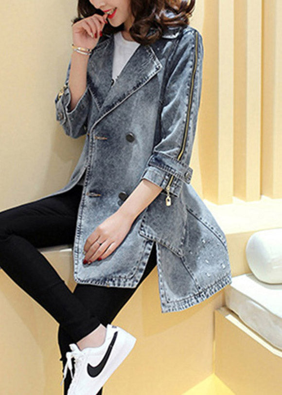 Side de patchwork encoche en lâche Navy Open Bouton Open Long Denim Coats Spring