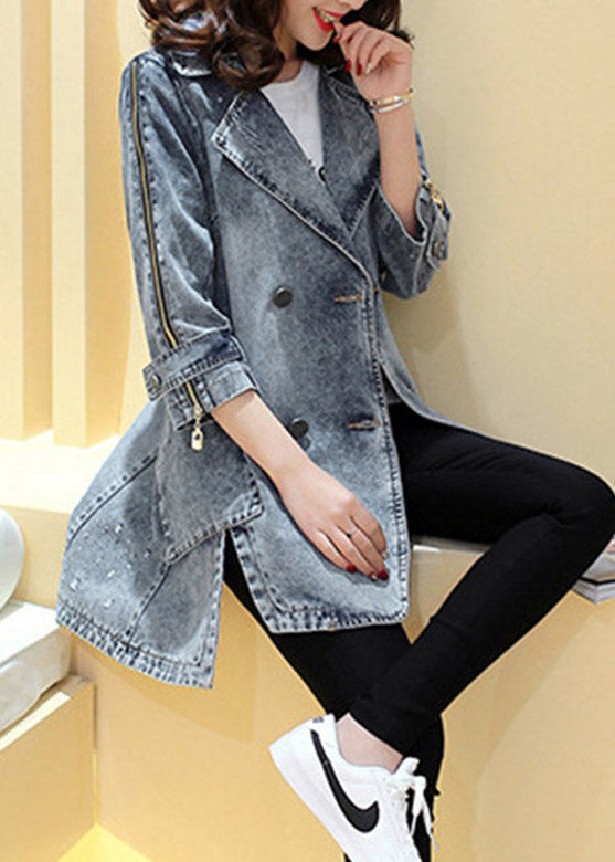 Side de patchwork encoche en lâche Navy Open Bouton Open Long Denim Coats Spring