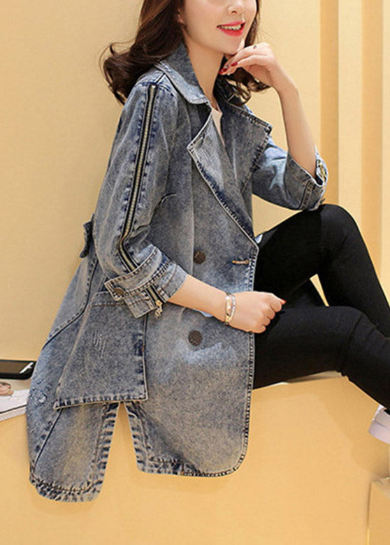 Side de patchwork encoche en lâche Navy Open Bouton Open Long Denim Coats Spring