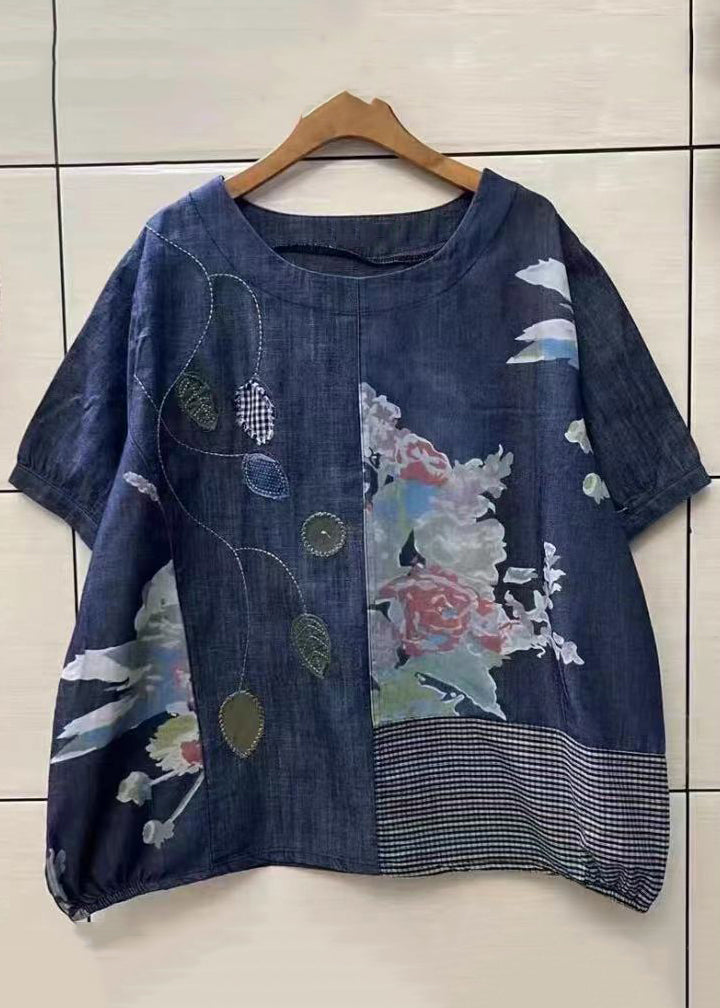 Lâche marine o cou imprimer patchwork denim t-shirts été