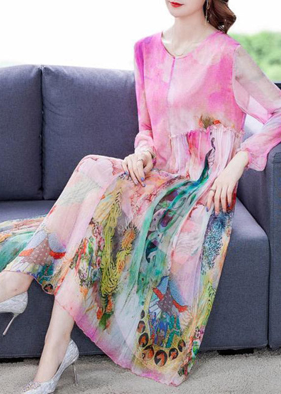 Loose O-Neck Print Wrinkled Party Silk Dress Long Sleeve