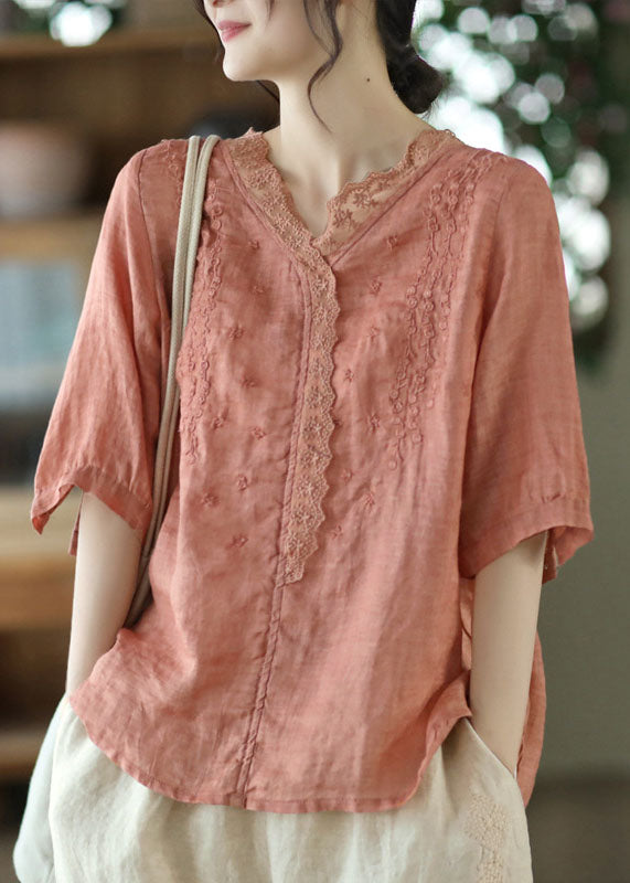 Orange V Loge V Neck Lace Patchwork Linen Half Half Sleeve