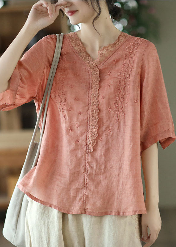 Orange V Loge V Neck Lace Patchwork Linen Half Half Sleeve