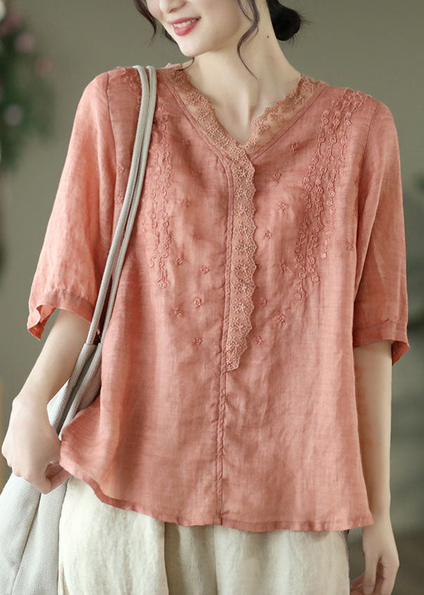 Orange V Loge V Neck Lace Patchwork Linen Half Half Sleeve