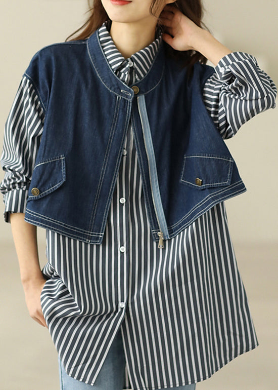 Bouton de collier Peter Pan Patchwork à rayures Faux Two Piece Denim Coton Shirt Long Sleeve