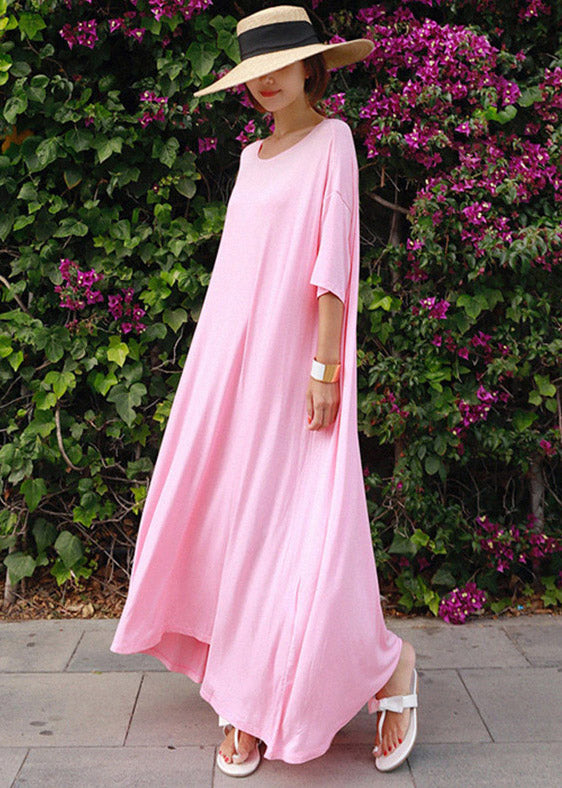 Robe longue coton rose lâche manche courte