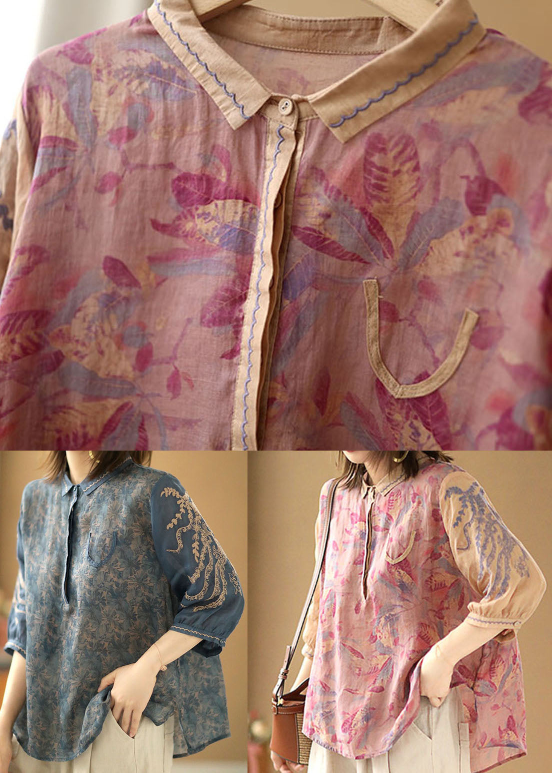 Lâche rose Peter Pan Collier Print Linon Shirt Half Half mancheve