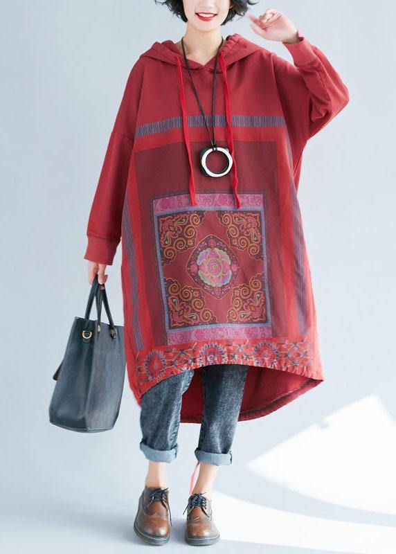 Loose Red Hooded Print Asymmetrical Design Fall Pullover Dress - SooLinen