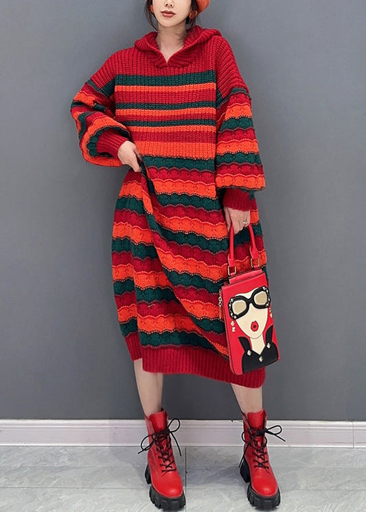 Robe en tricot confortable à capuche rouge lâche à manches longues