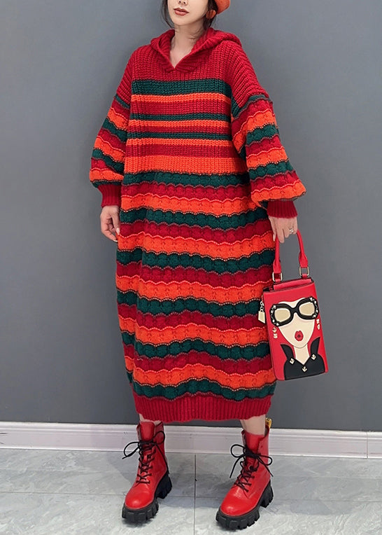 Robe en tricot confortable à capuche rouge lâche à manches longues