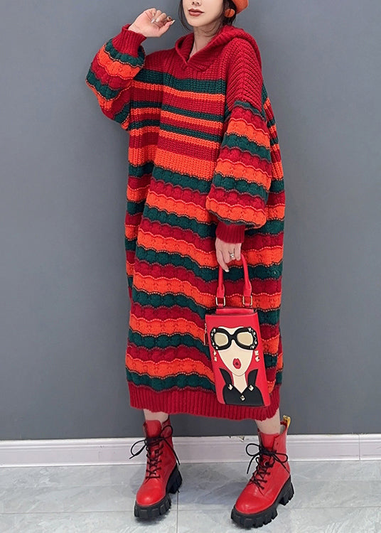 Robe en tricot confortable à capuche rouge lâche à manches longues