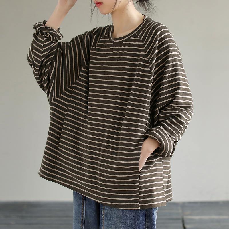 Loose Striped cotton Spring Clothes design Chocolate shirt - SooLinen