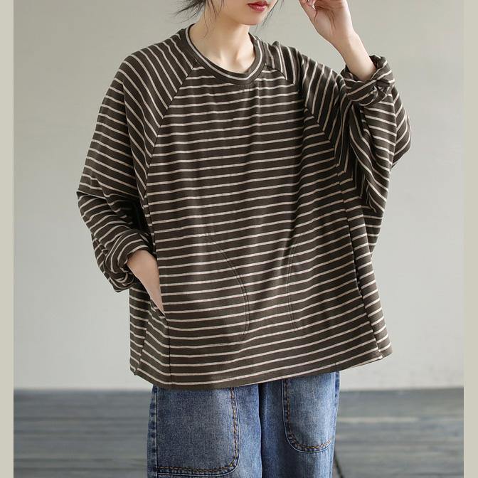 Loose Striped cotton Spring Clothes design Chocolate shirt - SooLinen