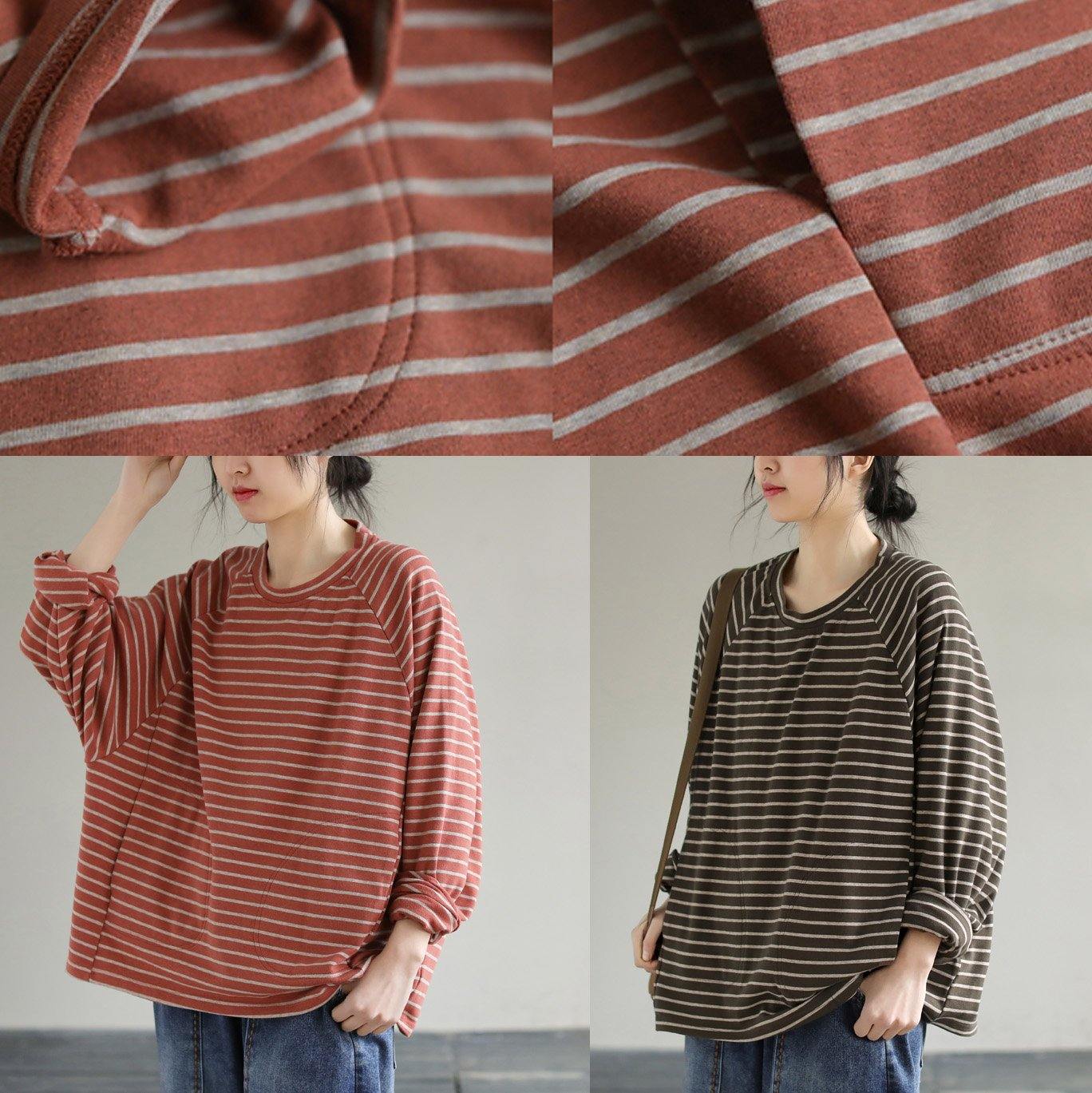 Loose Striped cotton Spring Clothes design Chocolate shirt - SooLinen