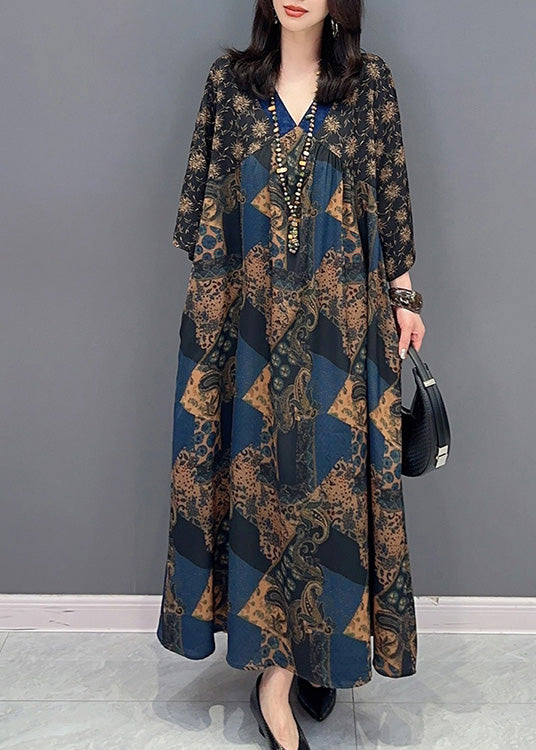 Loose V Neck Print Long Robe Summer