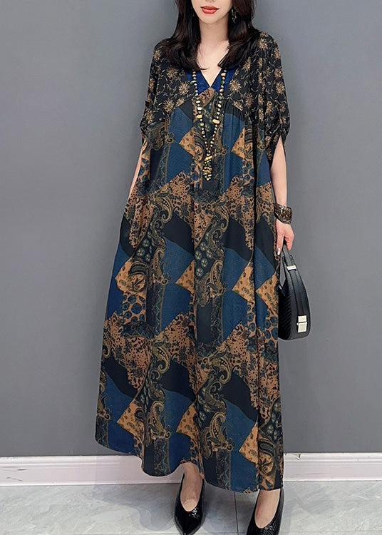 Loose V Neck Print Long Robe Summer