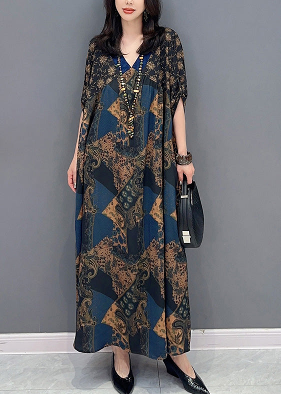 Loose V Neck Print Long Robe Summer