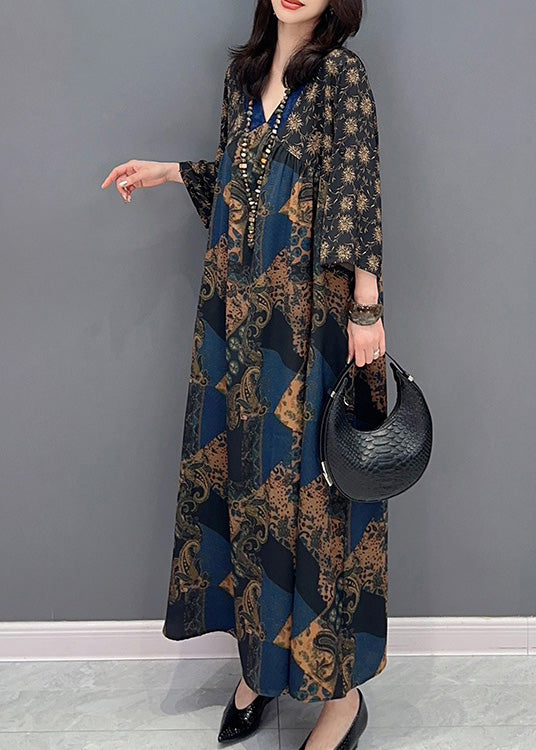 Loose V Neck Print Long Robe Summer