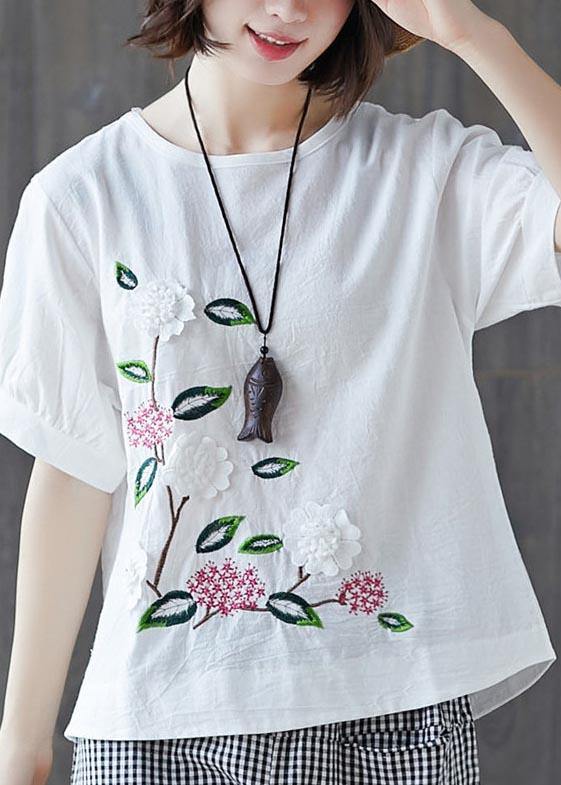 Loose White Embroideried Floral Cotton Linen Tees Summer - SooLinen