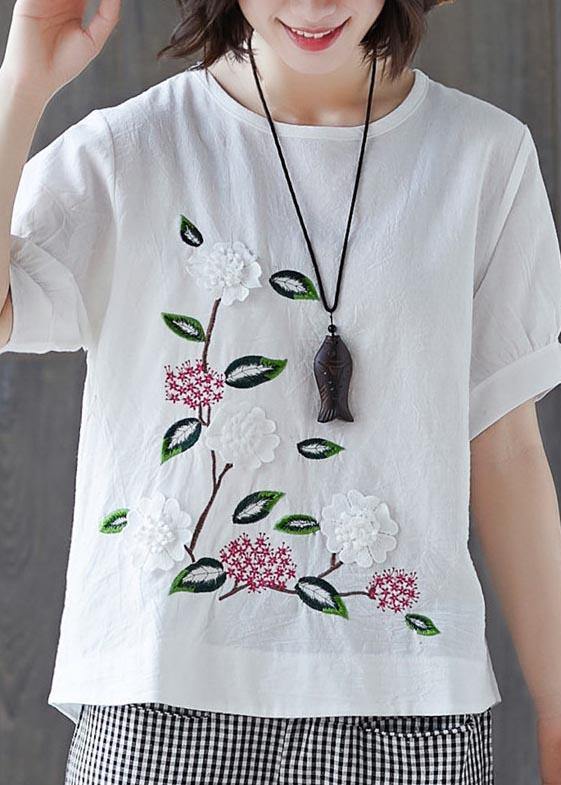 Loose White Embroideried Floral Cotton Linen Tees Summer - SooLinen