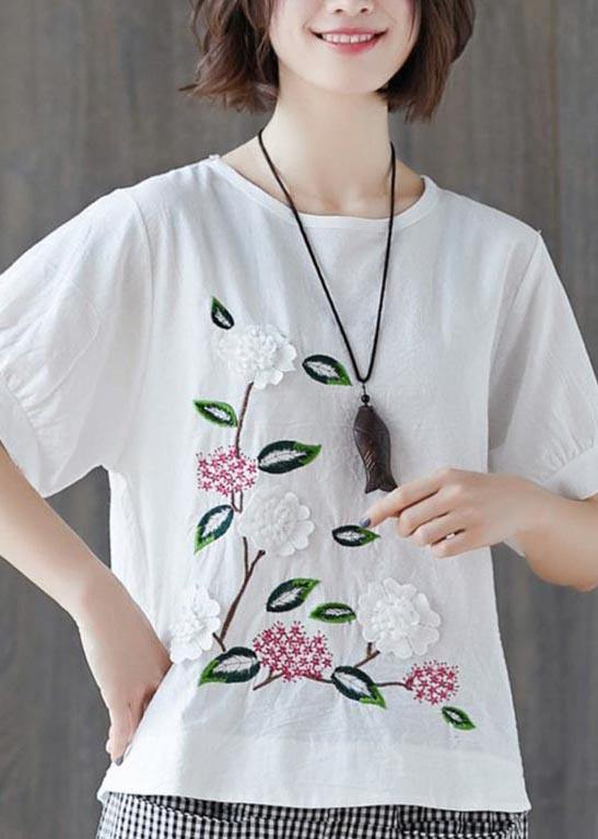 Loose White Embroideried Floral Cotton Linen Tees Summer - SooLinen