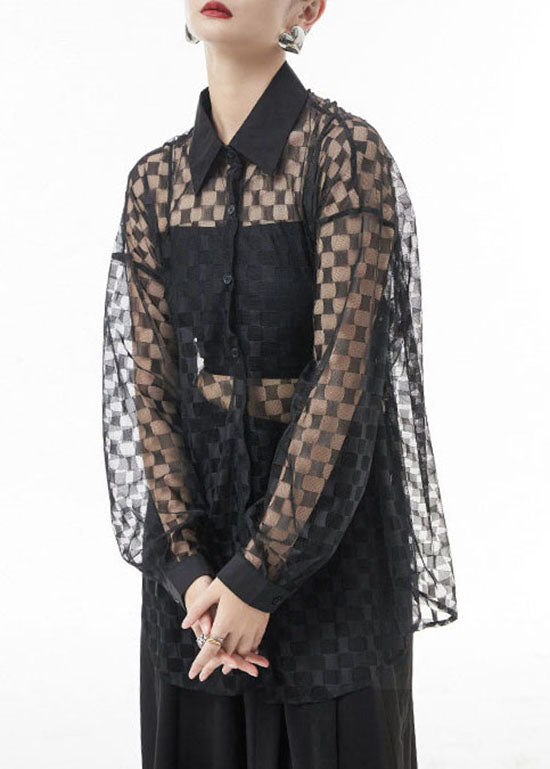 Black Hollow Out Peter Pan Collar Plaid Patchwork Chemises en dentelle Spring