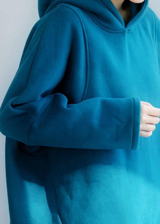 Loose blue cotton tunic top baggy hooded tops - SooLinen