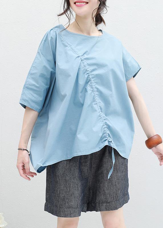 Loose blue drawstring cotton tunic top o neck Art summer shirt - SooLinen