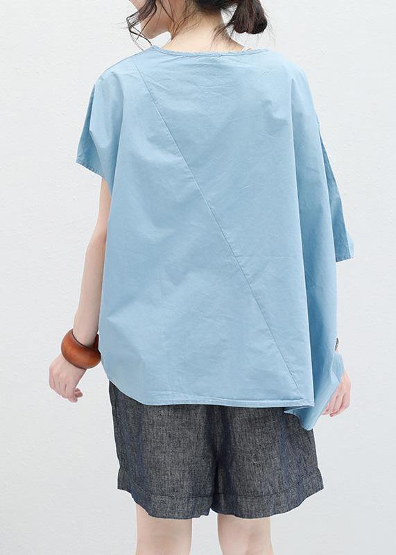 Loose blue drawstring cotton tunic top o neck Art summer shirt - SooLinen