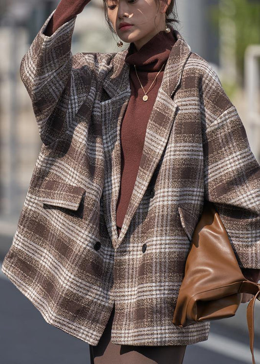 Loose chocolate plaid Fine trench coat Wardrobes Notched double breast wool jackets - SooLinen