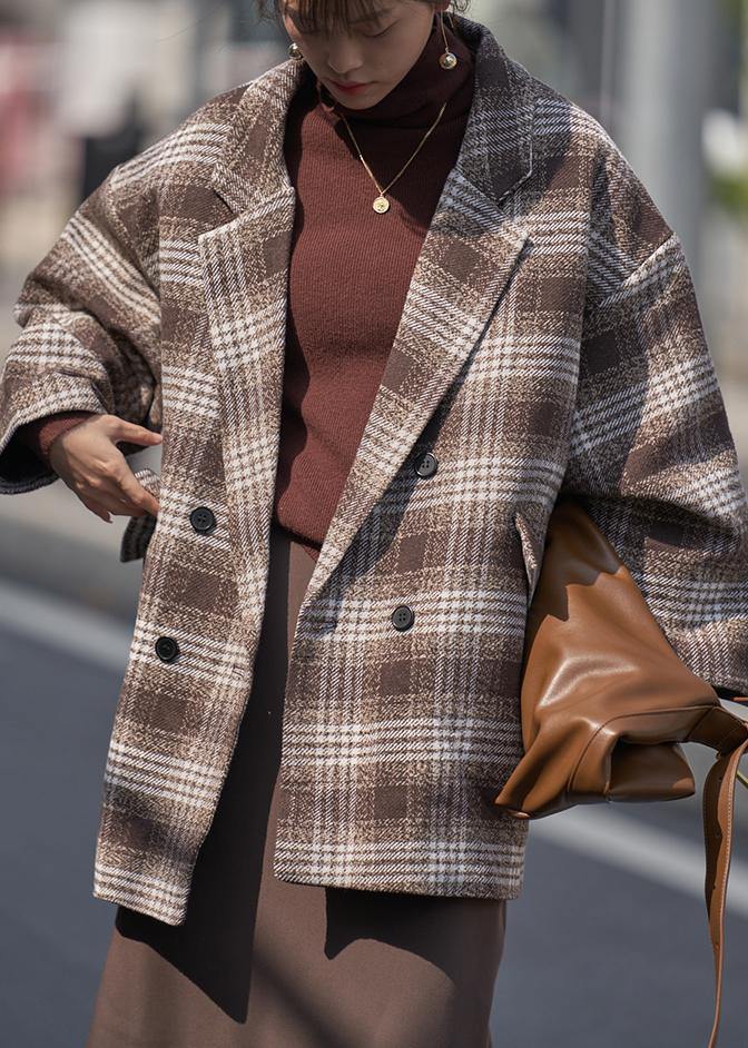 Loose chocolate plaid Fine trench coat Wardrobes Notched double breast wool jackets - SooLinen