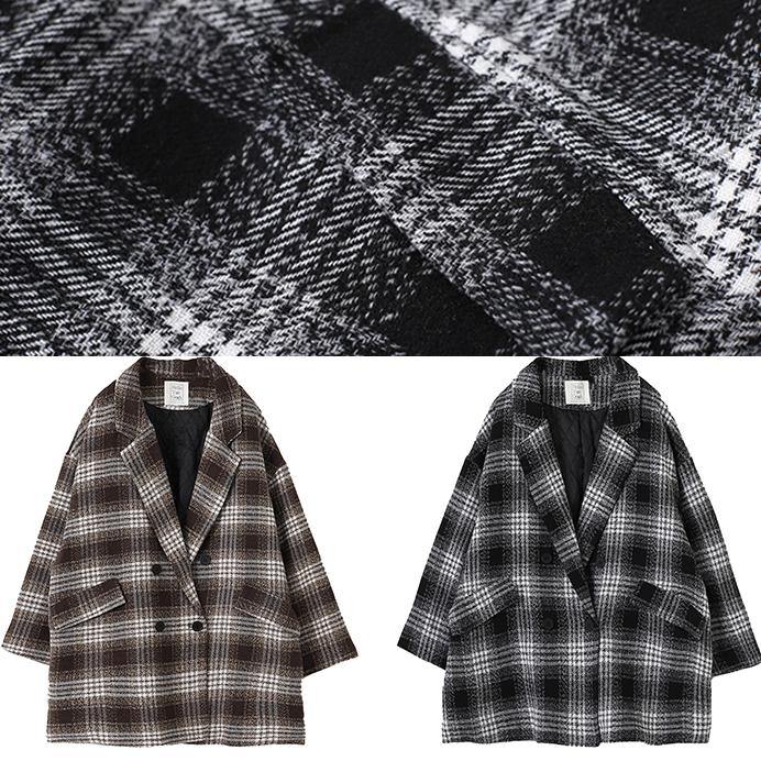 Loose chocolate plaid Fine trench coat Wardrobes Notched double breast wool jackets - SooLinen