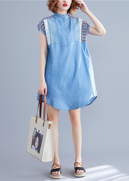 Loose denim blue Cotton dresses stand collar embroidery tunic summer Dresses - SooLinen