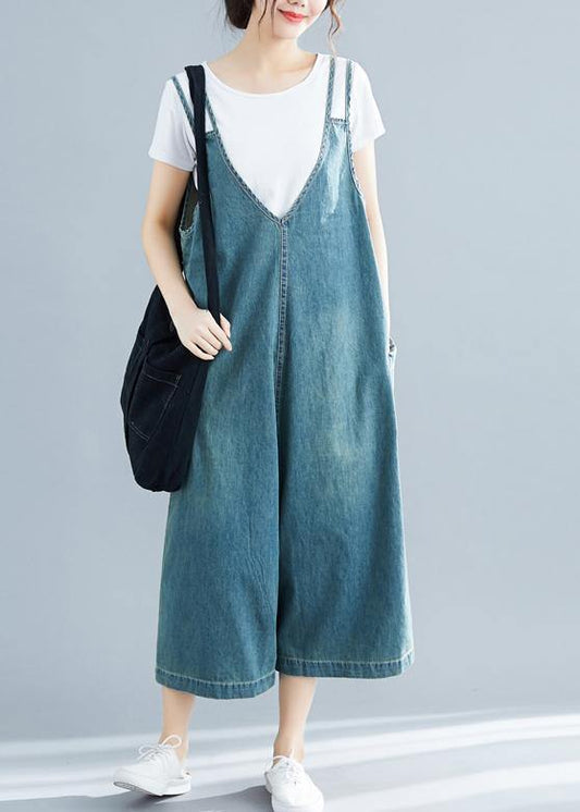 Loose denim blue cotton Tunics Korea loose jumpsuit pants - SooLinen