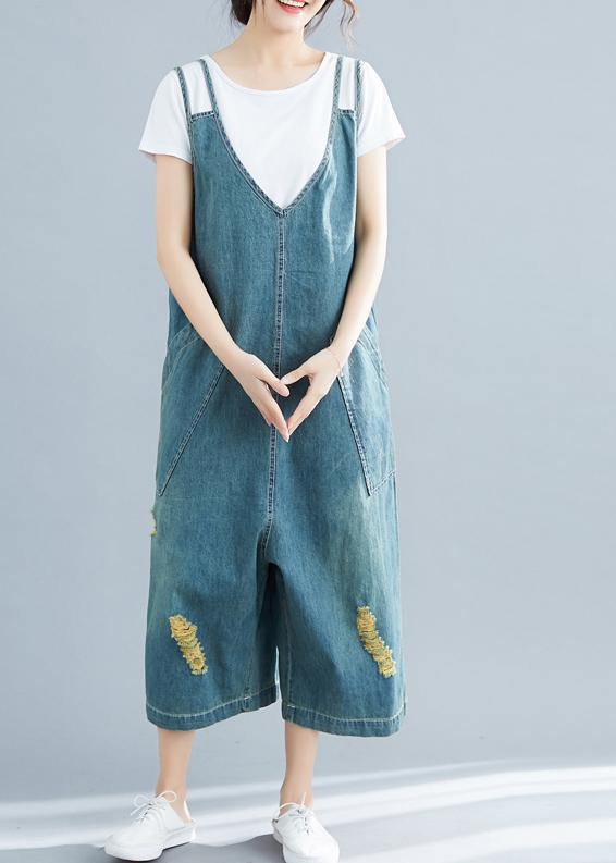 Loose denim blue cotton Tunics Korea loose jumpsuit pants - SooLinen