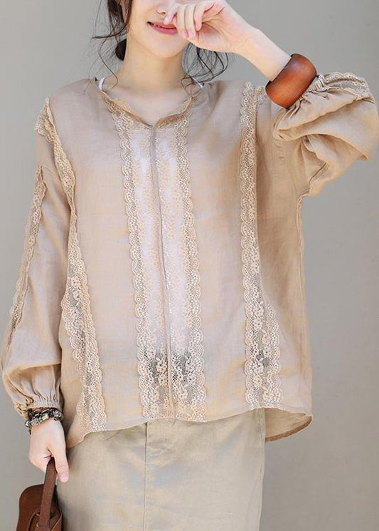 Loose khaki linen clothes lace patchwork loose v neck tops - SooLinen