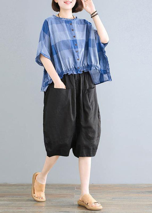 Loose linen pattern Women Agaric Lace Plaid T-Shirt And Black Pants - SooLinen