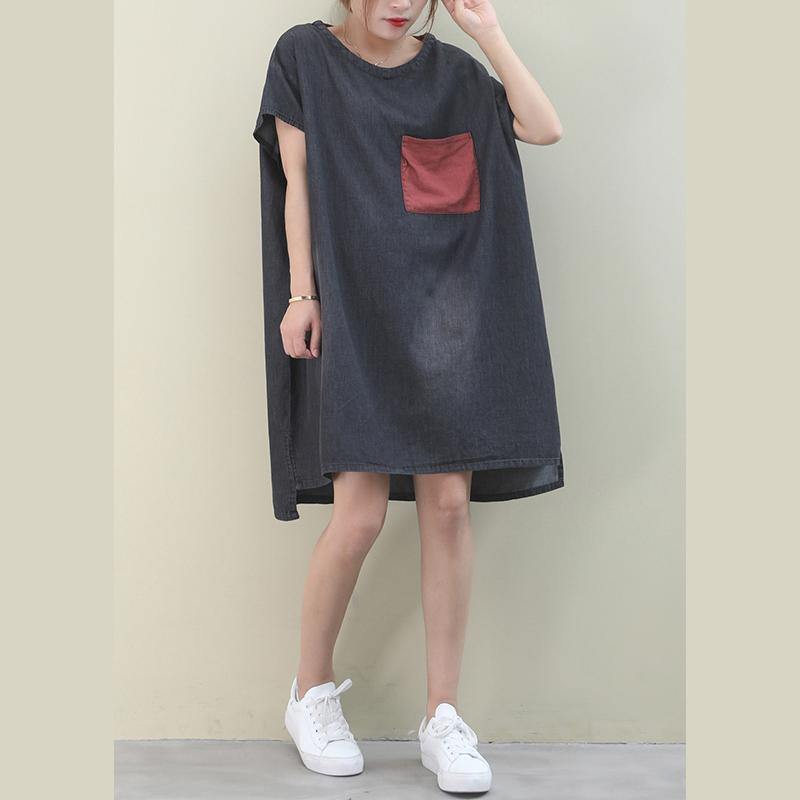 Loose o neck red pockets Cotton quilting dresses Inspiration denim black Dress - SooLinen