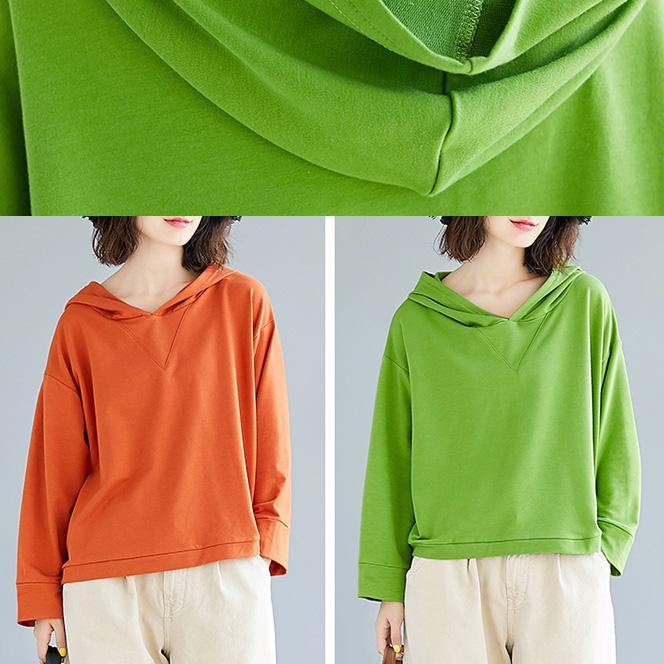 Loose orange cotton blouses for women hooded loose fall top - SooLinen