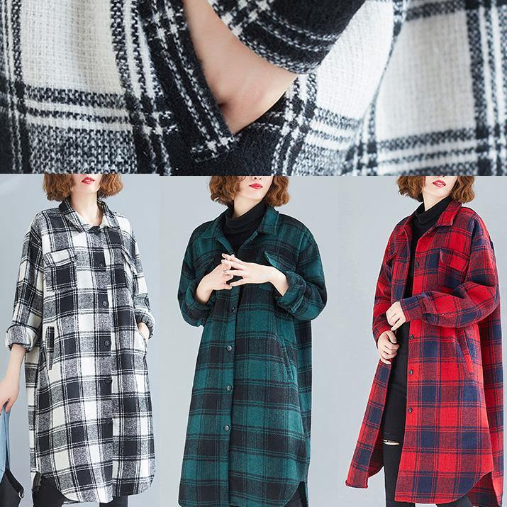 Loose red plaid cotton top silhouette lapel pockets Dresses blouses - SooLinen