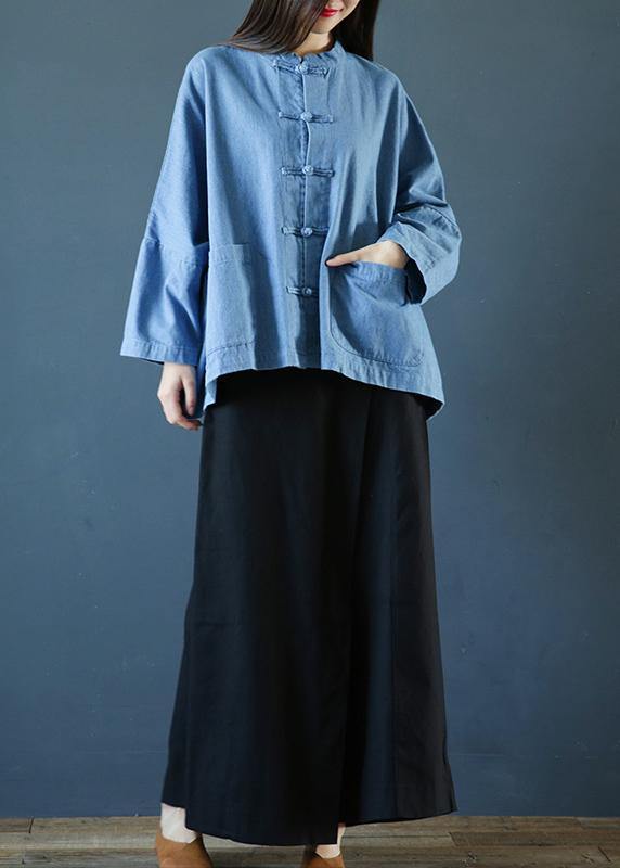 Loose stand collar Chinese Button clothes For Women Sleeve denim light blue shirts - SooLinen