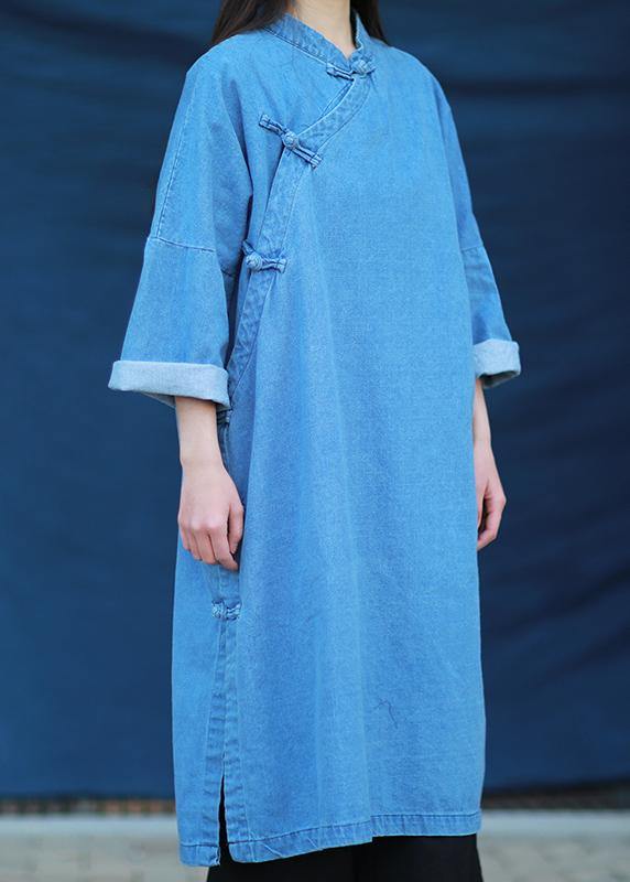 Loose stand collar Tunic Photography denim light blue Dress - SooLinen