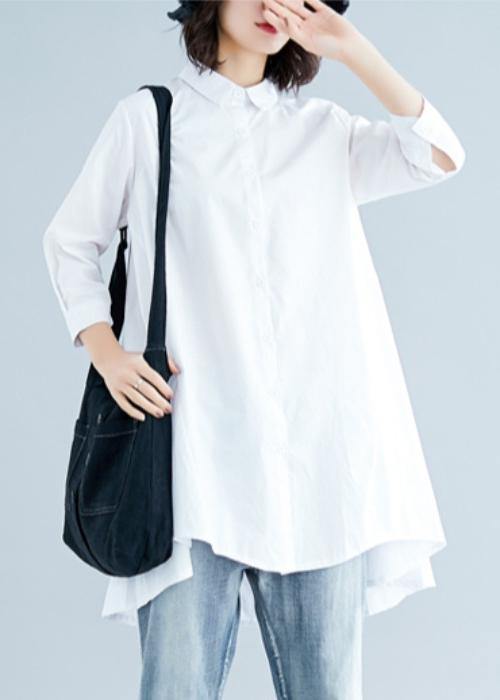 Loose white linen cotton Tunic Shirts lapel asymmetric tops - SooLinen