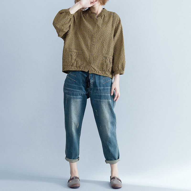 Loose yellow linen Long Shirts Women Tutorials long sleeve loose stand collar blouses